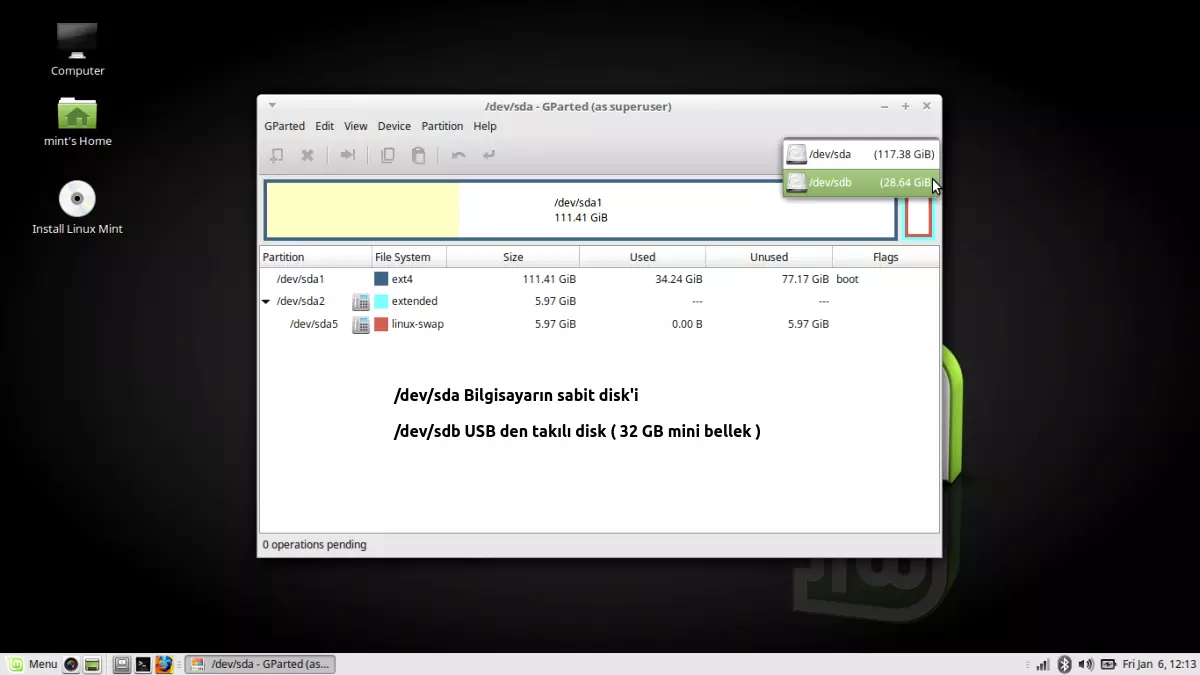 USB mini disk ( sdb) -
            Disk'in gprted programı ile bölümlere ayrılması,
            formatlanması ve swap alanı oluşturma işlemi