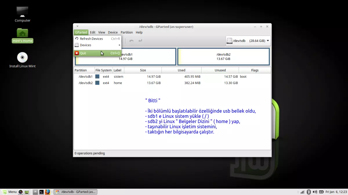 USB mini disk ( sdb) -
            Disk'in gprted programı ile bölümlere ayrılması,
            formatlanması ve swap alanı oluşturma işlemi